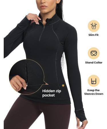 QUEENIEKE Women's Running Quarter Zip Pullover | Long Sleeve Shirt with Thumbholes & Pocket - Large Black - Buy Online on GoSupps.com