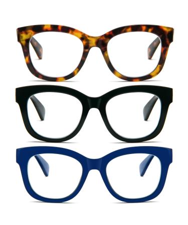 MMOWW oversized reading glasses 3-pack for women blue light blocked with spring hinge computer reader women black + blue + brown tortoise 1.5 x