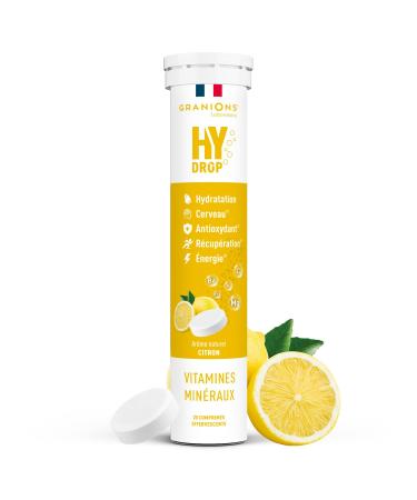 GRANIONS HYDROP - Pastilles Hydratation - Citron - SANS SUCRES - Fabriqu en France - Electrolytes Hydratation - Vitamines Min raux Magnesium - Pastille Hydratation - 20 Pastilles Effervescentes