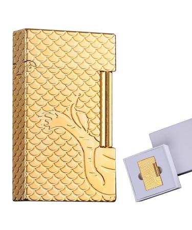 Pure Copper Hand-Carved Lighter Classic Butane Soft Flame Torch Lighter Side Pulley Ignition Adjustable Flame Size Cigar/Candle/Collection/Decoration High-end Business Gift for Men(Gold)
