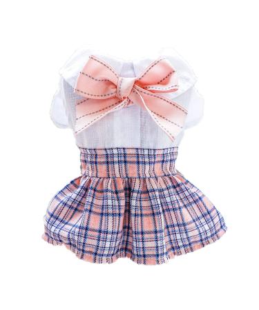 LtuzPet Plaid Dog Dress Cat Dress Tutu with Bow Knot Pet Clothes Girl for Party Pink Blue Small