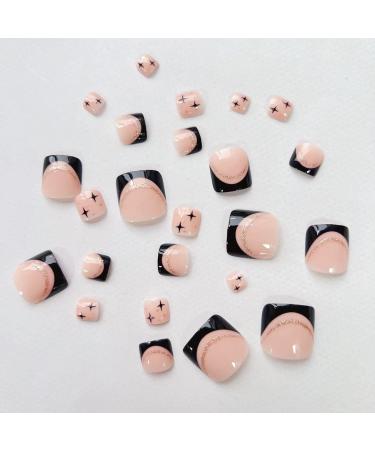 24Pcs Short Black French Tip Glitter Toe Nails Set - Nude Acrylic Summer False Toenails for Women - Buy Online on GoSupps.com