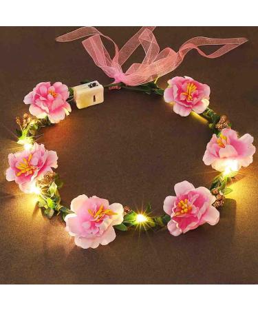 Edary LED Flower Crown Headband Light Up Wreath Headdresse Bridal Floral Festival Headpiece Halloween Party Hair Accessories for Bride Women Girls (Pink)