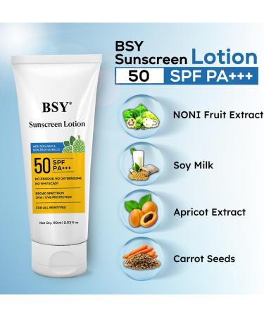 BSY Noni Sunscreen Lotion | SPF 50 PA+++ | Noni and Soy Milk Extract | No White Cast | Broad Spectrum UVA/UVB | For All Skin Types | For Women & Men 60ml (2.03 fl oz) - Buy Online on GoSupps.com