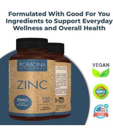Pomona Wellness 50mg Zinc Supplements for Adults - Skin Health & Immune Support - Vegan Non-GMO, 100 Tablets - Buy Online on GoSupps.com