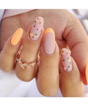 Kamize Medium Flower Press on Nails Almond Acrylic Summer Fake Nails Full Cover French False Nails for Women and Girls 24PCS French Floral Orange