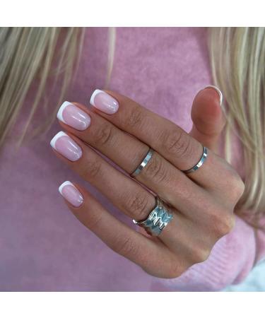 SINLOV Short Square Fake Nails Glossy Press on False Nails Pink Nude Ballerina Artificial Finger Nails French Full Cover False Nails for Women and Girls