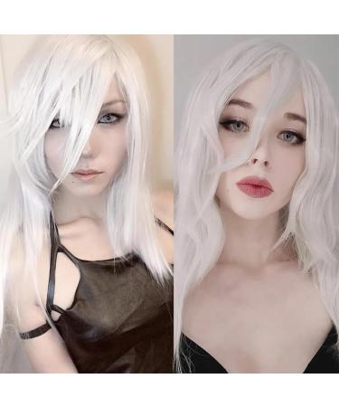 YEESHEDO 28 Long Wavy Curly White Wig with Fringe | Heat Resistant Synthetic Hair for Women - Perfect for Halloween, Cosplay, Anime & Snow White Costumes - Buy Online on GoSupps.com