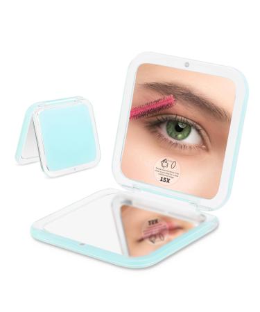 LONTAN Compact Mirror Travel 15X Magnifying Mirror Blue-Green Pocket Mirror Small Magnifying Mirror Compact Mirror for Handbag Small Makeup Mirror Gifts for Girls Square 8.5cm x 8.5cm