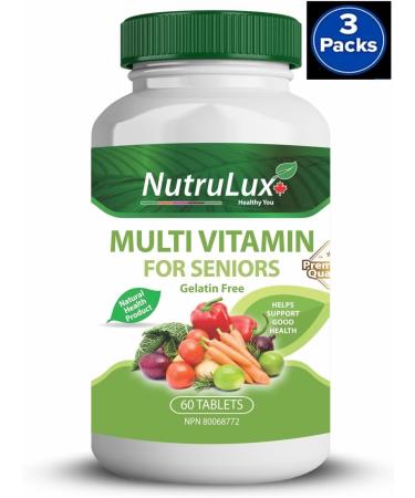 NutruLux Multivitamin for Seniors - 60 mg Vitamin C - Halal Vegan Gelatin Free Tablets - Complete Senior Health Support - Daily Wellness Supplement - Immune Boost - Elderly Nutrient-Rich Formula 180 Tablets (Pack of 3) - Buy Online on GoSupps.com