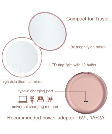 Milishow LED Compact Makeup Mirror - 1x10x Magnification, Dimmable, Rechargeable, Rose Gold - Perfect Travel & Purse Essential - Buy Online on GoSupps.com