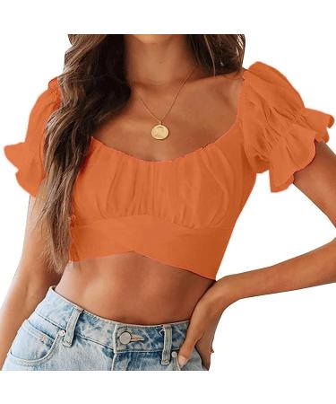 TUNUSKAT Women's Off-Shoulder Cross Short Sleeve Blouse - Orange | Summer Trendy Crop Top - Buy Online on GoSupps.com