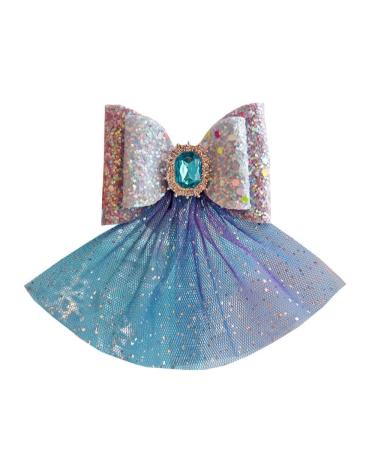 FASHION YO Elsa Princess Bow Sparkling Snow Diamond Fancy Costume Party Girls Kids Hair Clips Alligator Barrettes Accessories Bows Hairpins with Long Ribbon (Blue Diamond with Lace)