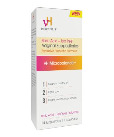 vH essentials Boric Acid + Tea Tree Vaginal Suppositories - Prebiotics Formula with Lactic Acid - PH Balance Odor Control Feminine Care - 24 Suppositories + Applicator White 2.4 Ounces (5397) Medication