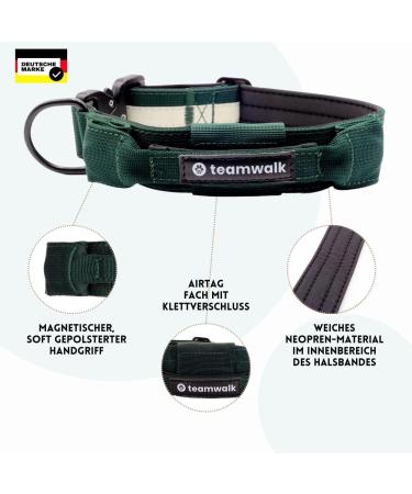 Teamwalk Premium Dog Collar - Adjustable Soft with Magnetic Handle & Light Strip | AirTag Bag Included | Robust Buckle | Forest Green | Size M (4cm) - Buy Online on GoSupps.com