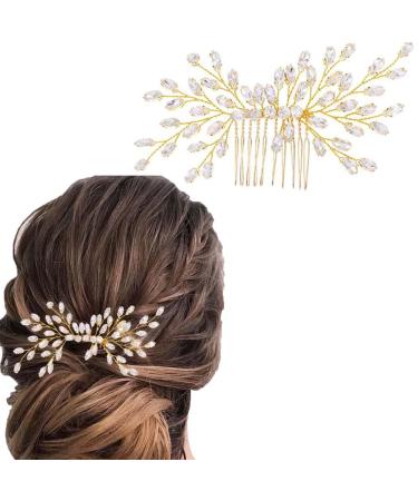 Fairvir Bridal Jewelry Wedding Comb Silver Glittering Rhinestones Side Crest Bridal Hair Accessories for Women and Girls (Gold)