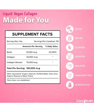 LIQUIDHEALTH 100% Vegan Collagen Plus Biotin 100,000mcg Liquid Drops - Plant-Based Liquid Collagen for Women & Men - Hair & Nail Growth, Skin Health, Boosts Metabolism - Made in USA, Non-GMO (2 Pack) 2 Fl Oz. (Pack of 2) - Buy Online on GoSupps.com