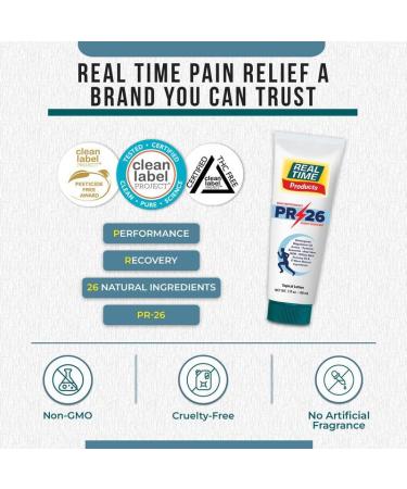 PR-26 by Real Time 3 fl oz Recovery Topical Lotion for Athletes - 26 Natural Ingredients Including Arnica Magnesium Oil Turmeric - Pre & Post Workout Muscle + Joint Rub for Athletic Lifestyle 3 Fl Oz Tube - Buy Online on GoSupps.com