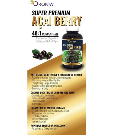 Oronia Super Premium Acai Berry 40:1 Concentrate 500mg 600 Capsules - Buy Online on GoSupps.com
