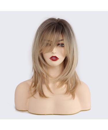 HAIRCUBE 18 Inch Blonde Ombre Wigs for Women - Shoulder Length Layered Curly Wigs with Bangs - Buy Online on GoSupps.com