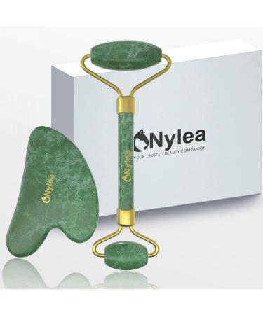Nylea Jade Roller and Gua Sha Set  Face Roller - Facial Beauty Roller Tools  Massager Stone Skin Care Set Body Muscle Relaxing and Relieve Fine Lines and Wrinkles for Eyes and Neck