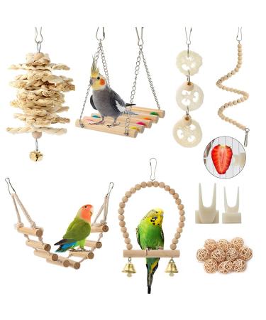 Bird Parrot Toys Swing Hanging,18 Pieces Bird Cage Accessories Toy Perch Ladder Chewing Toys Hammock for Parakeets,Cockatiels,Lovebirds,Conures,Budgie,Macaws,Lovebirds,Finches and Other Small Pets