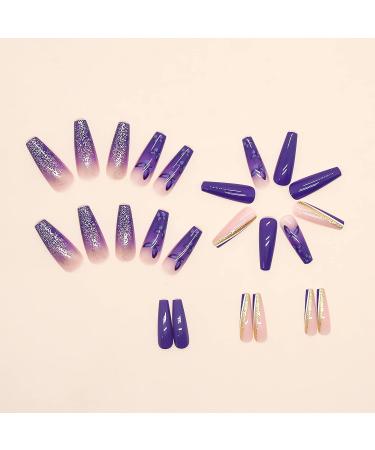 24Pcs Long Coffin Purple Butterfly Design Acrylic Press On Nails - Full Cover Gradient False Nails for Women and Girls - Buy Online on GoSupps.com