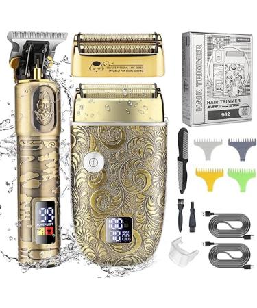 Professional Hair Clippers Set T Blade Hair Trimmers Electric Shavers For Men Cordless Beard Trimmers (Gold)