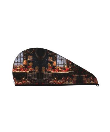 Merry Christmas Day Coral Velvet Dry Hair Cap Caps with Buttons for Drying Curly Long & Thick Hair Anti Frizz