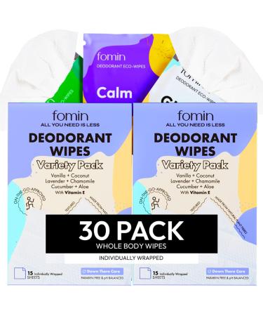 FOMIN Travel Deodorant Wipes - 30 Count - Variety Pack - pH Balanced Hypoallergenic Mini Deodorant Wipes For Women and Men - Plastic-Free Individually Wrapped Underarm & Body Wipes