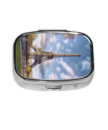 Eiffel Tower Printing 2 Compartment Small Pill Case Cute Small Pill Box Purse Pill Boxs Travel Pill Organizer for Pocket Purse and Travel Gifts
