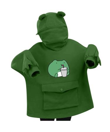 Women Cute Frog Fashion Hoodie Sweatshirt, Long Sleeve Cartoon Casual Hoodies Tops Loose Comfy Pocket Green Pullover Small A01#army Green