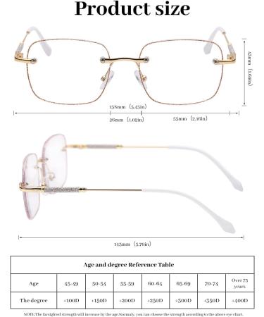 LUFF Rimless Reading Glasses for Women - Blue Light Blocking Fashion Metal Frameless Eyeglasses Anti Eyestrain 2.0x Gold - Shop Internationally! - Buy Online on GoSupps.com