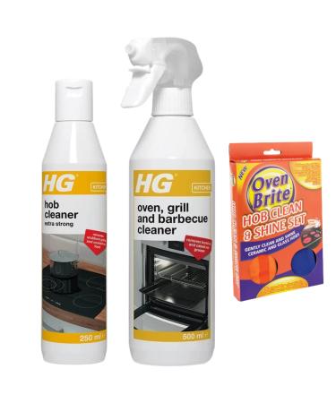 HG Hob Oven Cleaner Spray Extra Strong 250ml HG Oven Grill & Barbecue Cleaner Spray 500ml 1x Oven Brite Hob Clean & Shine Set - Induction Ceramic Glass Electric Gas Grease Away Spray Cleaners