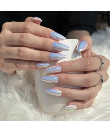 JUSTOTRY 24 Pcs Chrome Almond Short False Nails Pattern Glossy Sliver French Press on Nails Pretty Nude Fake Nails Short with Nail Glue Holographic Stiletto Medium Stick on Nails for Women sliver&chrome2