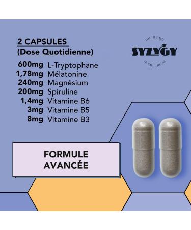 SYZYGY FOOD | Triptophan + Melatonin and Mangesium + Vitamins B6 B5 B3 and Spirulina | 1.78mg Melatonin | 120 Capsules | 600mg Triptophan with Magnesium for Good Sleep - Buy Online on GoSupps.com