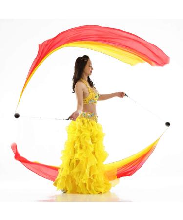 2Pcs Silk Veil with Poi Ball Belly Dance Poi Streamer Throw Ball in Haka Dance and Polynesian Dances Yellow Orang Red