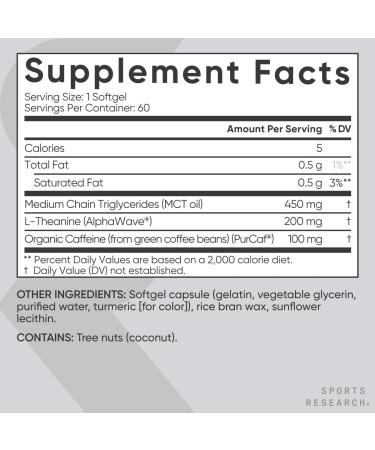Sports Research L-Theanine & Caffeine with MCT Oil 60 Softgels - Buy Online on GoSupps.com