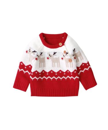 ESHOO Baby Boys Girls Christmas Deer Print Knitwear Pullover Sweater Boys Girls Xmas Jumper 6-12 Months Red