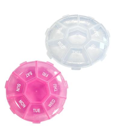 Travel Pill Box 7 Day 2 Times a Day 2Pcs Portable Round Pill Box Organisers Weekly Pill Box Clear Pink Small Medicine Storage Box Separate 7 Compartments for Travel (2* Round (White+Pink))