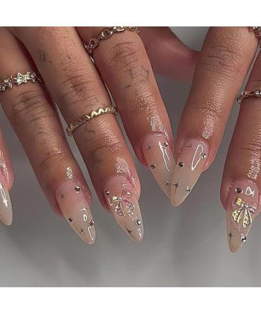 Press on Nails Medium Almond Shaped Fake Nails with 3D Charms Design Opaque Full Cover Glue Stick on Nails for Women Almond Nude Gradient Pearl Design A01