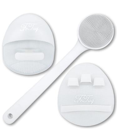 FeTuq Set of 3 Silicone Bath Brushes - Pack Includes Silicone Body Scrubber Facial Cleansing Brush Silicone Back Scrubber for Shower with Long Handle - Body Buffer Silicone Scrubber for Dull Skin