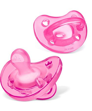 Chicco PhysioForma 100% Soft Silicone One Piece Pacifier for Babies 0-6 Months, Pink, Orthodontic Nipple, BPA-Free, 2-count in Sterilizing Case 0 - 6 months Pink