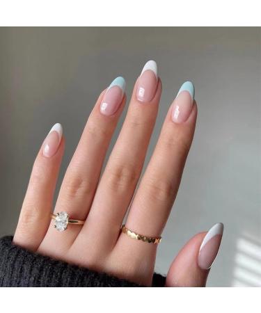 JUSTOTRY 24 Pcs Almond False Nails Short Pale Blue and White French Press on Nails Pattern Nude Fake Nails Short with Nail Glue Oval Stick on Nails for Women Nails Fake Nail for Nails Art sky blue & white3