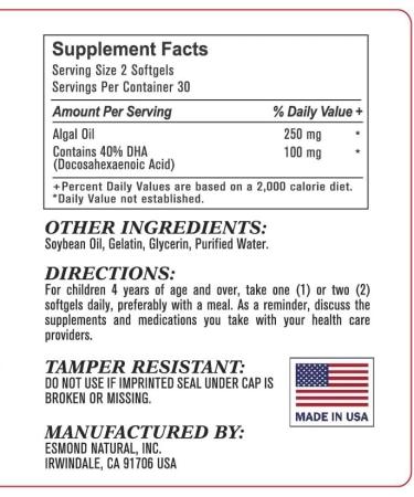 Esmond Natural: DHA Algal Oil (Made with Onavita Oil. 40% Docosahexaenoic Acid. Supports Brain Eye and Nervous System) GMP Natural Product Assn Certified Made in USA - 500mg 60 Softgels - Buy Online on GoSupps.com
