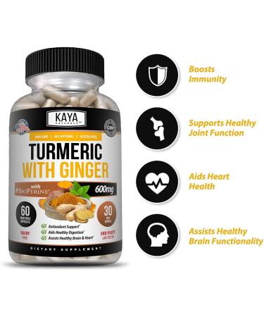 Kaya Naturals Turmeric with Ginger and BioPerine - Vegan Joint Support - 1300mg Servings - 60 Veggie Count - Buy Online on GoSupps.com