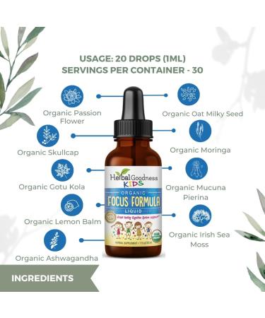 Kids Focus Formula Liquid Extract - Organic Ashwagandha & Moringa Supplement for Brain Support - Vegan 1oz Bottle - Herbal Goodness - Buy Online on GoSupps.com
