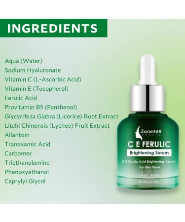 Zone 365 Brightening Serum with Vitamins C & E, Ferulic Acid, Hyaluronic Acid - Correct Skin Imperfections - Buy Online on GoSupps.com
