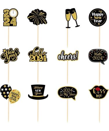 Dtzzou 24 Pack Black Gold 2024 Happy New Year Cupcake Toppers 12 Types Muffin Cake Toppers for New Years Eva Party Favor Supplies - Buy Online on GoSupps.com