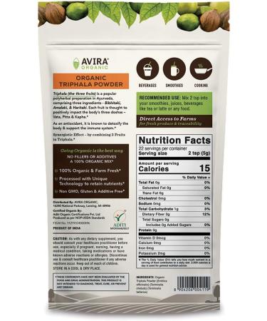 Avira Organic Triphala Powder 8 Oz - Vegan, Non-GMO, Easy to Mix in Smoothies, Tea & Lattes - Resealable Pack of 1 - Buy Online on GoSupps.com